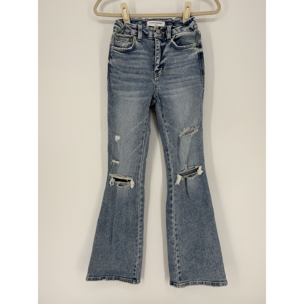 Flying Monkey Jeans Youth Girls High Rise Flare Distressed Medium Wash Size 14